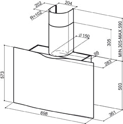 Disegno Tecnico - CAPPA VEIL WH MATT A90/2 - in colore bianco - codice prodotto 110.0324.952 - nella misura - tipologia cappa a parete