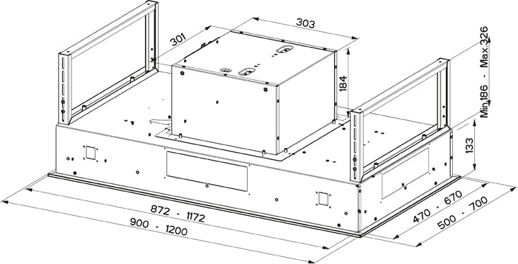 Disegno Tecnico - CAPPA HEAVEN LITE GLASS EV8+ WH A90/2 - in colore bianco - codice prodotto 350.0529.509 - nella misura 71-90 cm - tipologia cappa isola a soffitto