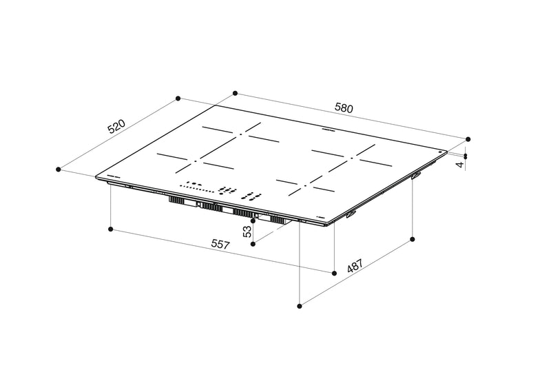 Disegno Tecnico - PIANO A INDUZIONE FCH 64 BK KL - in colore vetro nero - codice prodotto 108.0604.933 - nella misura 60x50 cm - tipologia piano a induzione