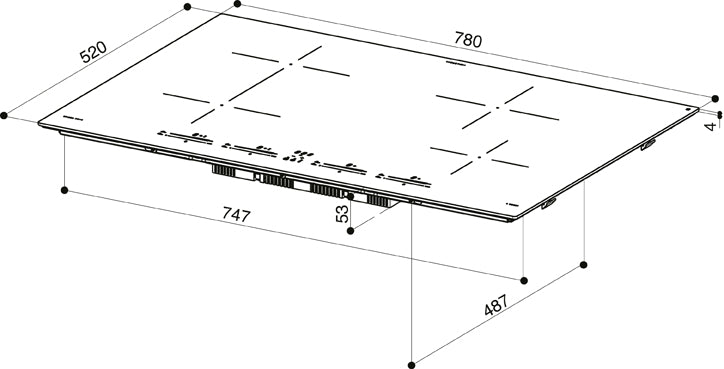 Disegno Tecnico - PIANO A INDUZIONE FCH 84 BK KL - in colore vetro nero - codice prodotto 108.0604.935 - nella misura 80x50 cm - tipologia piano a induzione