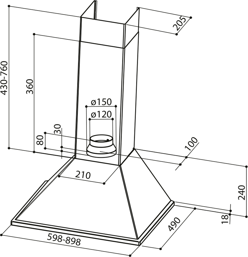 Disegno Tecnico - CAPPA SYNTHESIS X A60/2 - in colore acciaio inox - codice prodotto 110.0157.053 - nella misura - tipologia cappa a parete