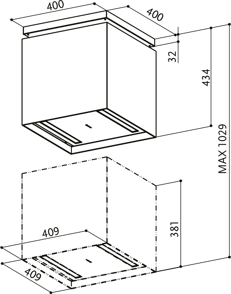 Disegno Tecnico - CAPPA LYBRA PLUS KL/2 - in colore bianco - codice prodotto 110.0255.507 - nella misura - tipologia cappa isola sospesa