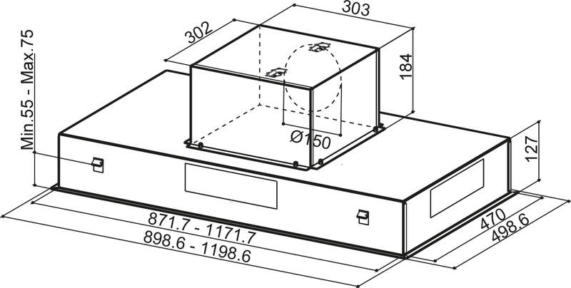 Disegno Tecnico - CAPPA HEAVEN 2.0 X 90/2 - in colore acciaio inox - codice prodotto 110.0315.792 - nella misura - tipologia cappa isola a soffitto