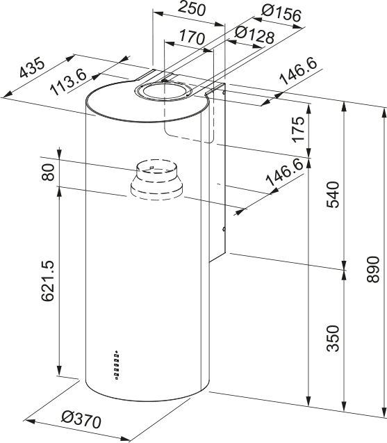 Disegno Tecnico - CAPPA CYLINDRA/2 EV8 2EL XH890/2 - in colore acciaio inox - codice prodotto 110.0332.307 - nella misura - tipologia cappa a parete