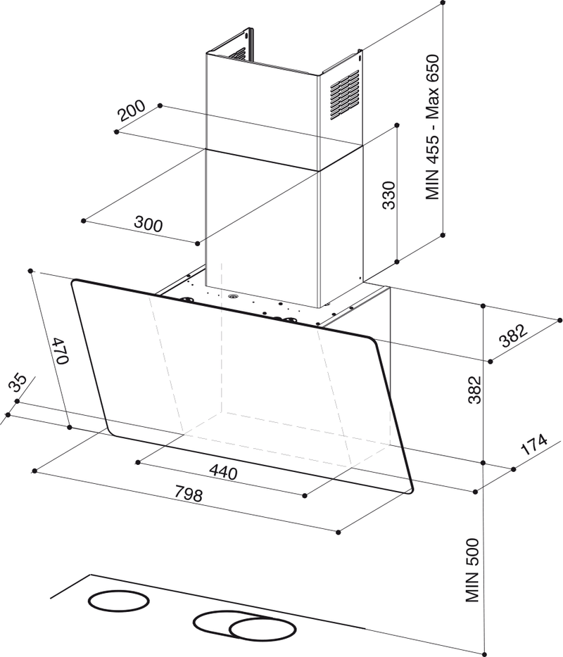 Disegno Tecnico - CAPPA GLAM-LIGHT A80 DG/LG EVO/2 - in colore grigio chiaro - codice prodotto 110.0456.119 - nella misura - tipologia cappa a parete
