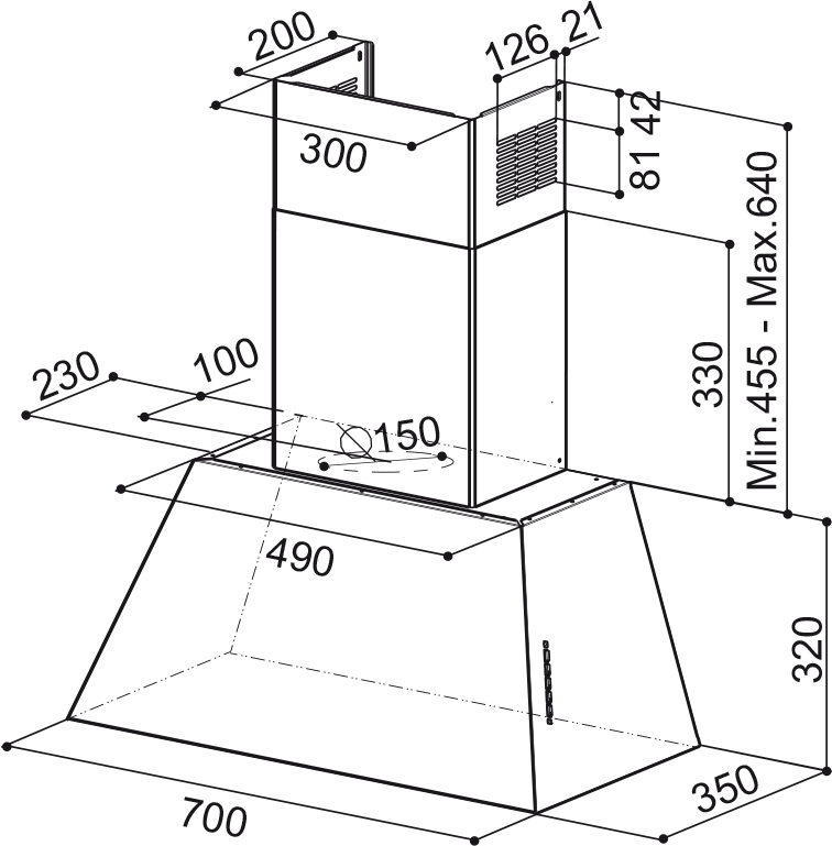 Disegno Tecnico - CAPPA CHLOE' EVO+ CG MATT A70/2 - in colore grigio country matt - codice prodotto 110.0459.033 - nella misura - tipologia cappa a parete
