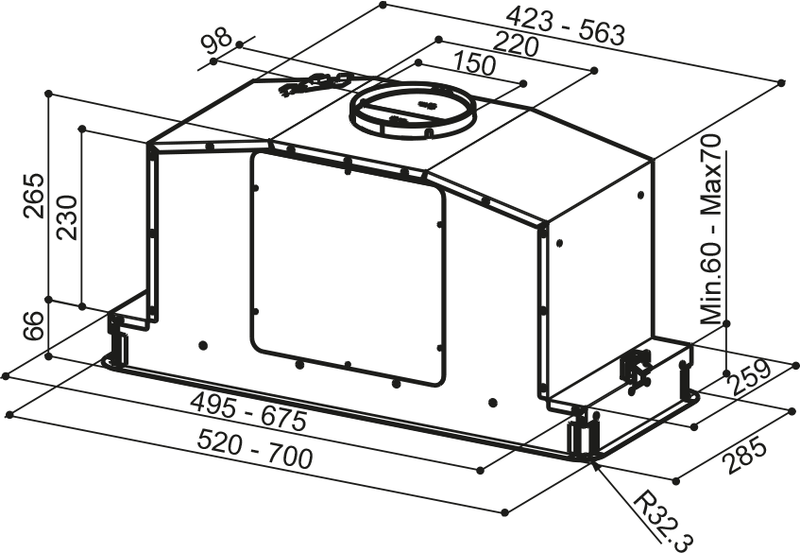Disegno Tecnico - CAPPA IN-LIGHT WH MATT KL A52/2 - in colore bianco - codice prodotto 110.0456.216 - nella misura - tipologia cappa a incasso