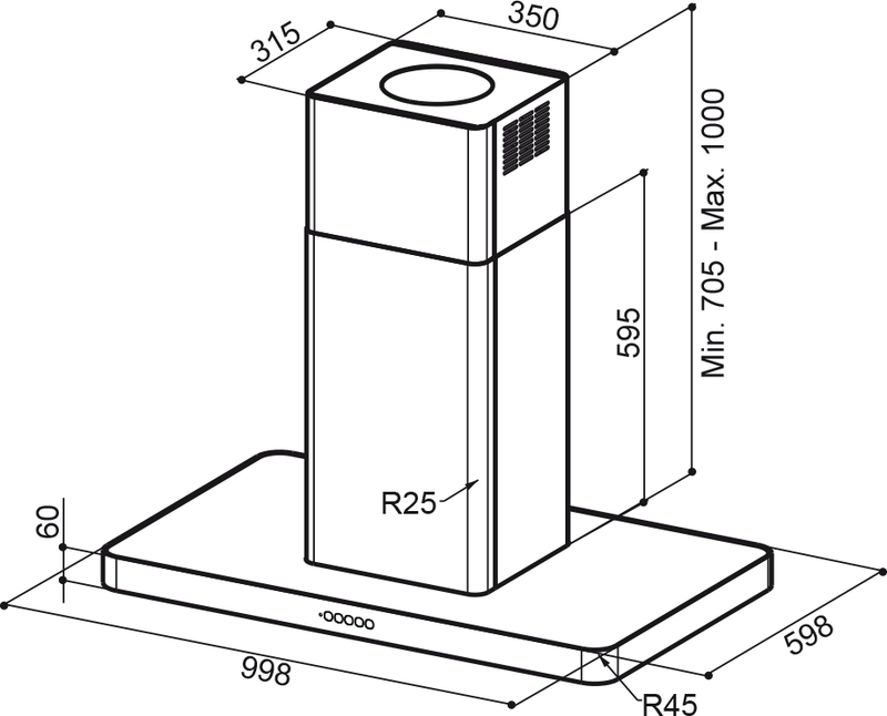Disegno Tecnico - CAPPA T-LIGHT IS.INOX A100 EVO/2 - in colore acciaio inox - codice prodotto 110.0456.264 - nella misura - tipologia cappa a isola