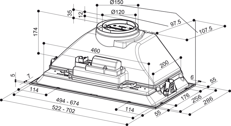 Disegno Tecnico - CAPPA INKA SMART 560 HCS LG A52 - in colore grigio chiaro - codice prodotto 305.0602.046 - nella misura - tipologia cappa a incasso