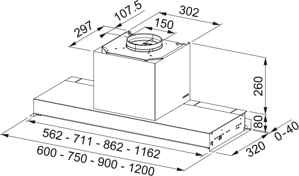 Faber Cappa da incasso In-nova Zero Drip Lite A60 Disegno tecnico. Codice prodotto 305.0703.267 