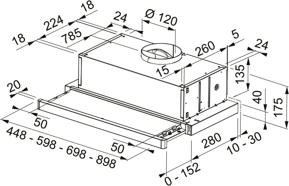 Disegno Tecnico - CAPPA FLEXA NG W/X A60 - in colore acciaio inox / bianco - codice prodotto 315.0635.102 - nella misura 51-60 cm - tipologia cappa a incasso