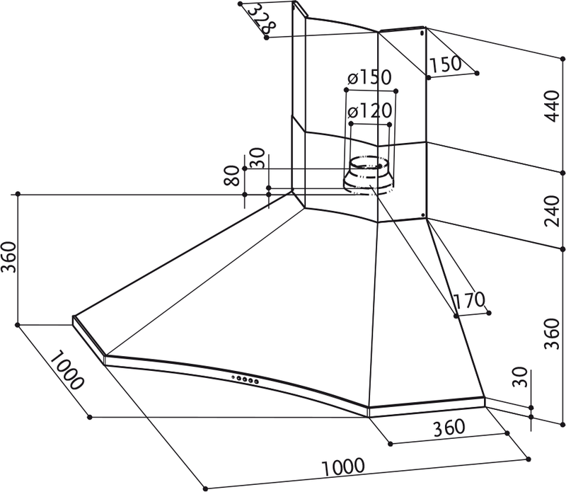 Faber Cappa a parete Solaris EG6 LED X A100/2 Acciaio inox. Disegno tecnico. Codice prodotto 320.0538.968