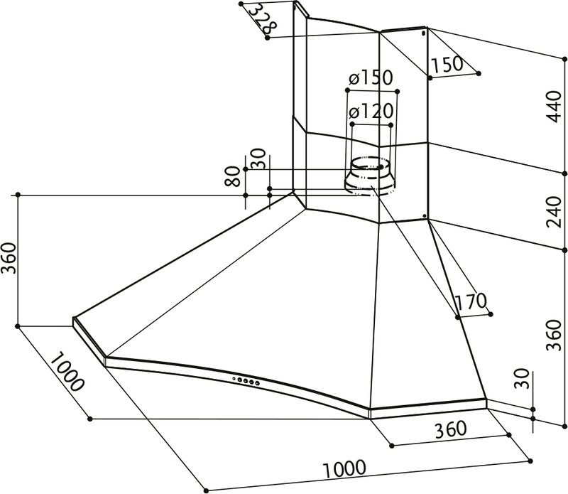 Disegno Tecnico - CAPPA SOLARIS EG6 LED X A100/2 FABER - in colore acciaio inox - codice prodotto 320.0538.968 - nella misura - tipologia cappa isola sospesa