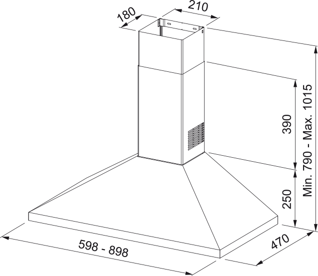 Disegno Tecnico - CAPPA APART S3 EDST A90/3 - in colore acciaio inox - codice prodotto 320.0685.186 - nella misura - tipologia cappa a parete