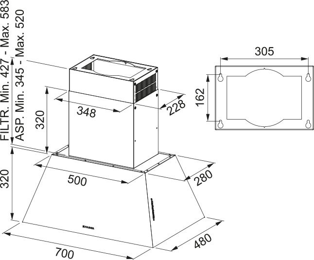 Disegno Tecnico - CAPPA CHLOE' ISLAND CI A70 - in colore ghisa - codice prodotto 321.0666.588 - nella misura - tipologia cappa a isola