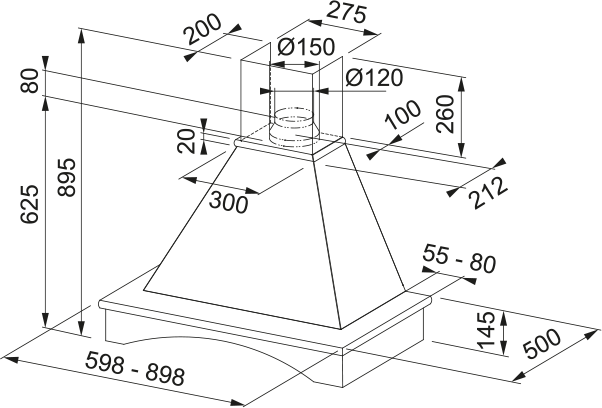 Disegno Tecnico - CAPPA RANCH 60 NF - in colore bianco - codice prodotto 321.0693.748 - nella misura - tipologia cappa a parete