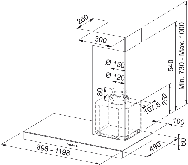 Disegno Tecnico - CAPPA STILO SRM SX/SP A120/2 - in colore acciaio inox - codice prodotto 325.0518.929 - nella misura - tipologia cappa a parete
