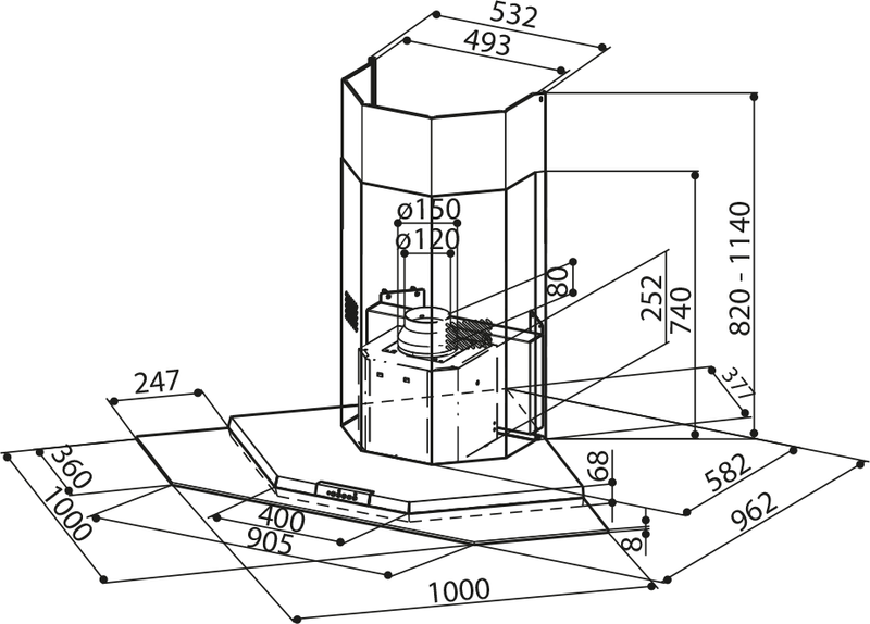 Disegno Tecnico - CAPPA PREMIO ANGOLO/SP EV8 L X/V A100//2 - in colore acciaio inox / vetro - codice prodotto 325.0537.825 - nella misura - tipologia cappa isola sospesa