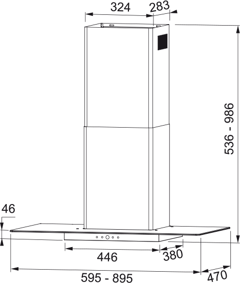 Disegno Tecnico - Cappa TGL X A90 2LS - in colore acciaio inox - codice prodotto 325.0568.803 - nella misura 71-90 cm - tipologia cappa a parete
