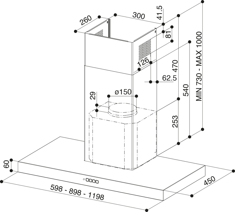 Disegno Tecnico - CAPPA STILO COMFORT WH MATT A120/2 - in colore bianco - codice prodotto 325.0618.790 - nella misura - tipologia cappa a parete