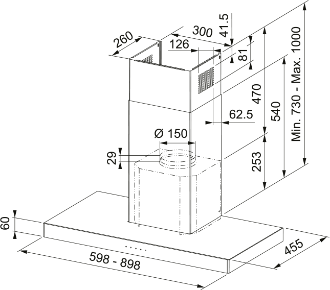 Disegno Tecnico - CAPPA STILO GLASS SMART A60/2 - in colore acciaio inox / vetro - codice prodotto 325.0617.017 - nella misura - tipologia cappa a parete