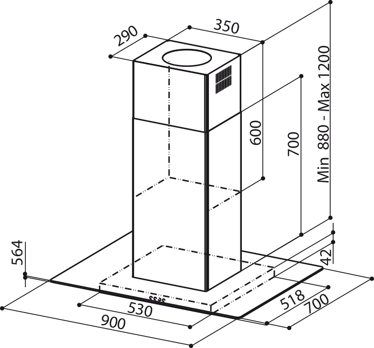 Disegno Tecnico - CAPPA GLASSY ISOLA/SP EV8 X/V NS A90/2 - in colore acciaio inox / vetro - codice prodotto 325.0617.019 - nella misura - tipologia cappa a isola