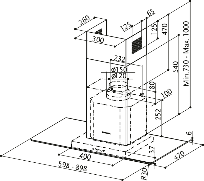Disegno Tecnico - CAPPA NICE LED SRM X/V NS A60/2 - in colore acciaio inox / vetro - codice prodotto 325.0617.052 - nella misura - tipologia cappa a parete