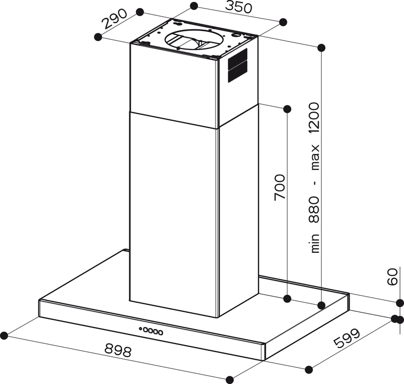 Disegno Tecnico - CAPPA STILO COMFORT ISOLA X A90/2 - in colore acciaio inox - codice prodotto 325.0618.738 - nella misura - tipologia cappa a isola
