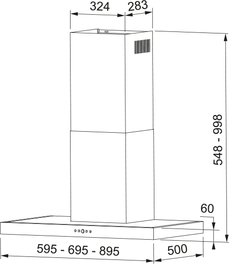Disegno Tecnico - CAPPA TSP BK A90 2LS - in colore nero - codice prodotto 325.0699.357 - nella misura 71-90 cm - tipologia cappa a parete