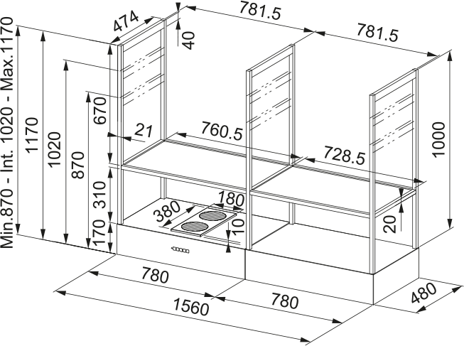 Disegno Tecnico - T-SHELF EVOLUTION BLACK MATT F160 - in colore nero - codice prodotto 335.0727.000 - nella misura - tipologia cappa a isola