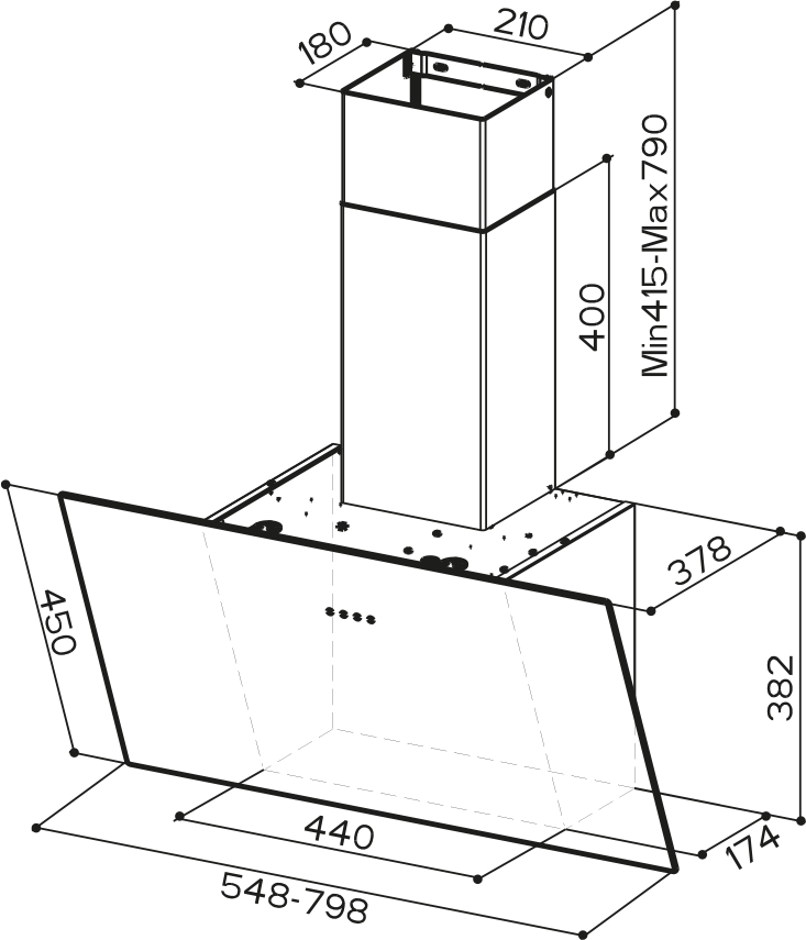 Disegno Tecnico - CAPPA TWEET EV8 LED BK A80 DE - in colore nero - codice prodotto 330.0703.585 - nella misura - tipologia cappa a parete