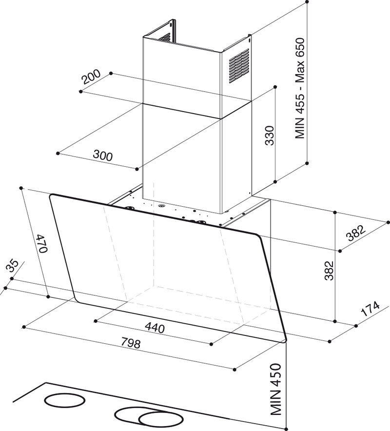 Disegno Tecnico - CAPPA STEELMAX EV8 LED WH/X A80/2 - in colore bianco - codice prodotto 330.0538.523 - nella misura 71-90 cm - tipologia cappa a parete