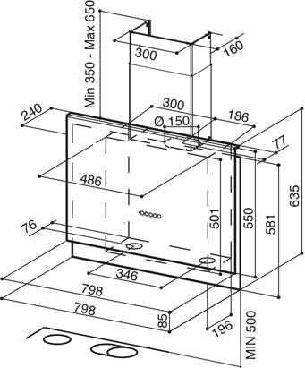 Disegno Tecnico - CAPPA TALIKA OC A80 - in colore vecchio rame - codice prodotto 330.0540.784 - nella misura 71-90 cm - tipologia cappa a parete