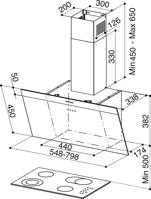 Disegno Tecnico - CAPPA DAISY + WH A80/2 - in colore bianco - codice prodotto 330.0612.371 - nella misura - tipologia cappa a parete