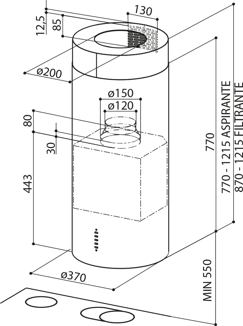 Disegno Tecnico - CAPPA CYLIND I.EVO PLUS WH GLOSS A37/2 - in colore bianco - codice prodotto 335.0492.563 - nella misura - tipologia cappa a isola