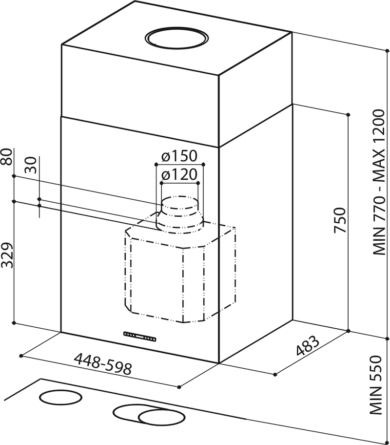 Disegno Tecnico - CAPPA CUBIA ISOLA PLUS EV8 X A60/2 - in colore acciaio inox - codice prodotto 335.0502.097 - nella misura 51-60 cm - tipologia cappa a isola