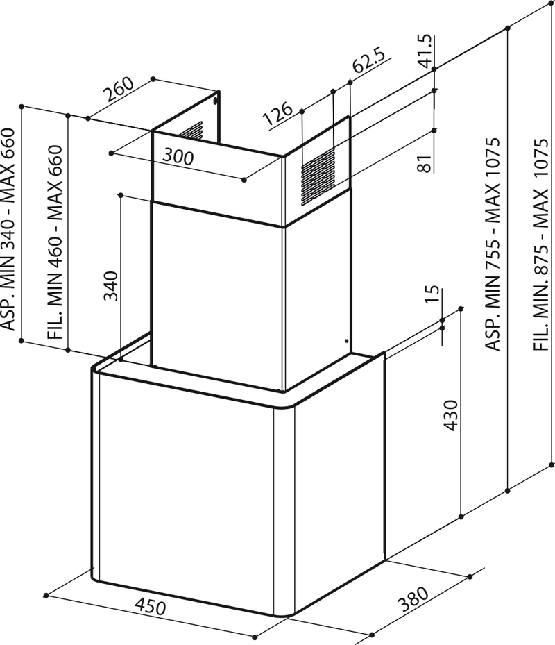 Disegno Tecnico - CAPPA LITHOS EG6 WH MATT LED A45/2 - in colore bianco - codice prodotto 335.0533.564 - nella misura - tipologia cappa a parete