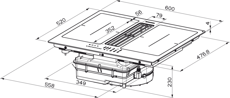 Disegno Tecnico - CAPPA GALILEO SMART BK F600 + KIT LL H80 - in colore vetro nero - codice prodotto 340.0627.228 - nella misura 60x50 cm - tipologia piano aspirante