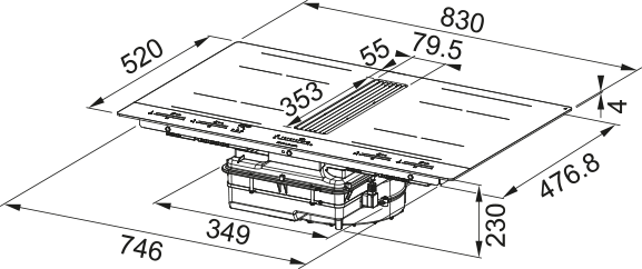 Disegno Tecnico - PIANO ASPIRANTE GALILEO STRIPES A830 - in colore vetro nero - codice prodotto 340.0708.968 - nella misura 83x52 cm - tipologia piano aspirante