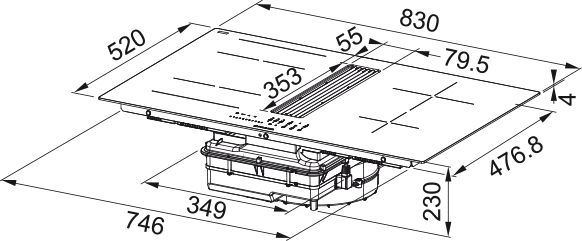 Faber Piano cottura aspirante Galileo Linear A830 Vetro nero. Disegno tecnico. Codice prodotto 340.0708.972