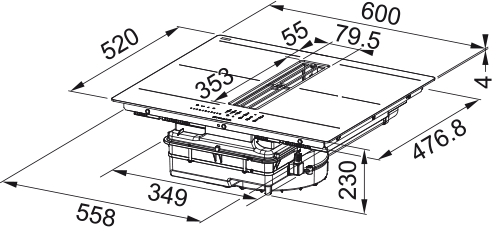 Disegno Tecnico - PIANO ASPIRANTE GALILEO SLIM A600 - in colore vetro nero - codice prodotto 340.0708.975 - nella misura 60x50 cm - tipologia piano aspirante