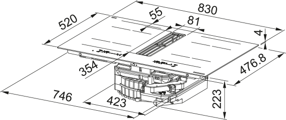 Disegno Tecnico - PIANO ASPIRANTE GALILEO DOUBLE BLACK A830 - in colore vetro nero - codice prodotto 340.0731.884 - nella misura 83X52 cm - tipologia piano aspirante