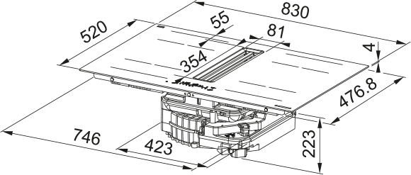 Disegno Tecnico - PIANO ASPIRANTE GALILEO WIDE - in colore nero - codice prodotto 340.0744.639 - nella misura 83x52 - tipologia piano aspirante