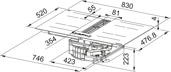 Disegno Tecnico - PIANO ASPIRANTE GALILEO PURE BLACK A830 - in colore vetro nero - codice prodotto 340.0744.741 - nella misura 83X52 cm - tipologia piano aspirante