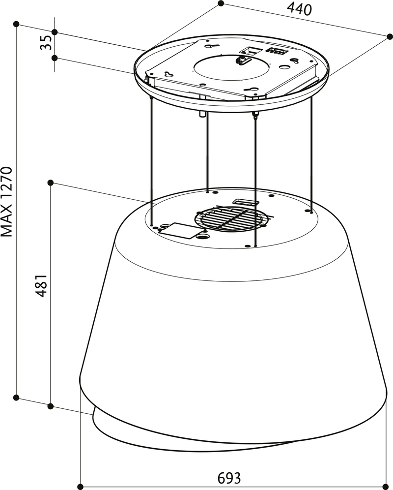 Disegno Tecnico - CAPPA BELLE PLUS GOLD/WARM DG MATT KL/2 - in colore grigio scuro matt - codice prodotto 345.0541.068 - nella misura - tipologia cappa isola sospesa