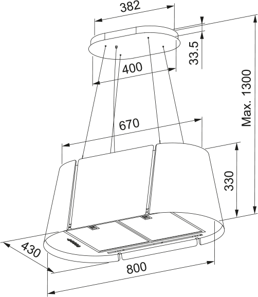 Disegno Tecnico - BEAT XL ISOLA DARK FOREST/BK MATT KL F80 - in colore dark forest / nero matt - codice prodotto 345.0740.253 - nella misura 71-90 cm - tipologia cappa isola sospesa