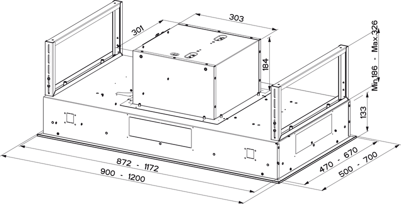 Diseño Técnico - CAMPANA HEAVEN LITE GLASS EV8+ WH A120/2 - en color blanco - código de producto 350.0529.510 - en la medida 91-120 cm - tipo de campana de isla de techo