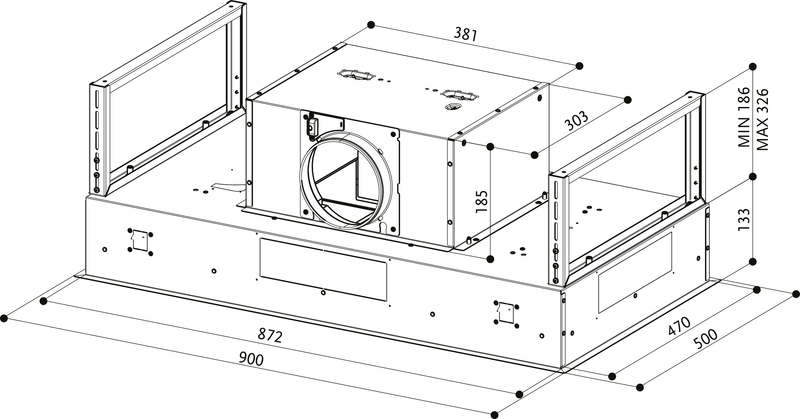 Disegno Tecnico - CAPPA ONYX-C BK GLASS/X A90/2 - in colore nero - codice prodotto 350.0543.436 - nella misura 71-90 cm - tipologia cappa isola a soffitto