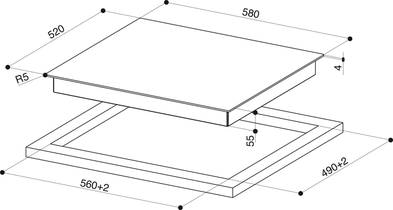 Disegno Tecnico - PIANO A INDUZIONE FCH 64 BK KL - in colore vetro nero - codice prodotto 108.0604.933 - nella misura 60x50 cm - tipologia piano a induzione