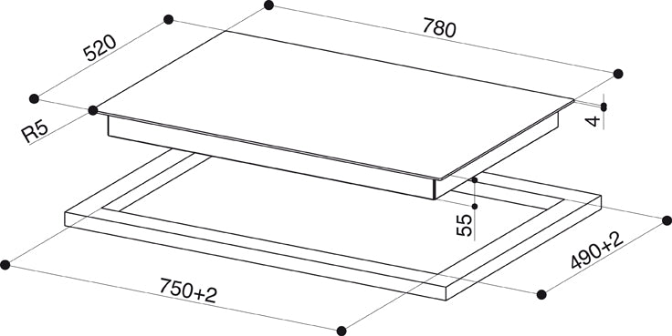 Disegno Tecnico - PIANO A INDUZIONE FCH 84 DF KL - in colore vetro dark forest - codice prodotto 108.0740.871 - nella misura 80x50 cm - tipologia piano a induzione